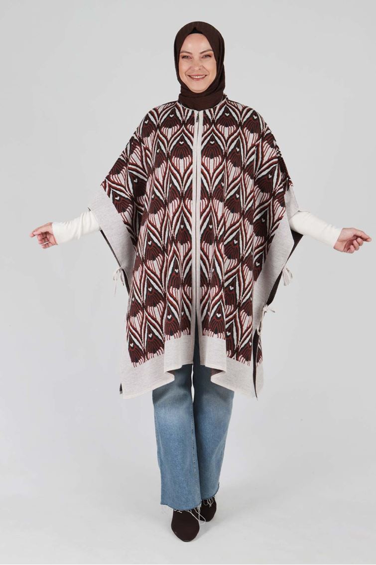 Büyük Beden Tesettür Bağcık Detaylı Triko Panço 9625 M.Krem-A.Kahve