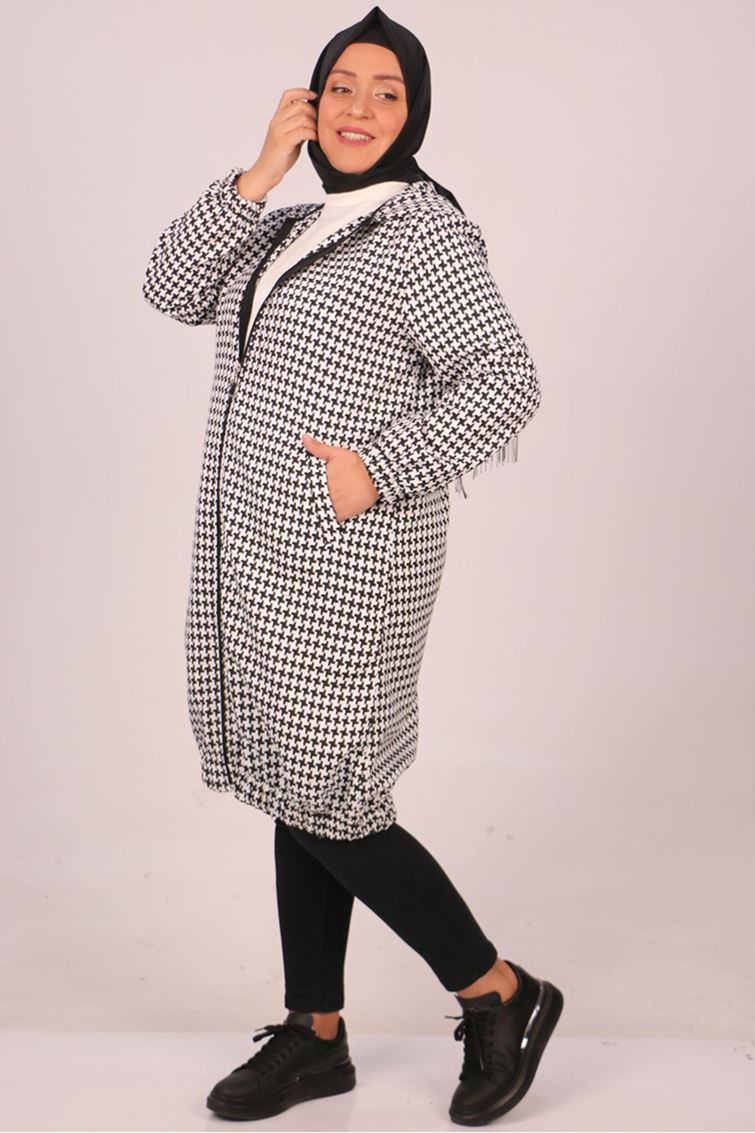 33052-E Büyük Beden Kaz Ayağı Fermuarlı Ceket-Büyük Kaz Ayağı Siyah 