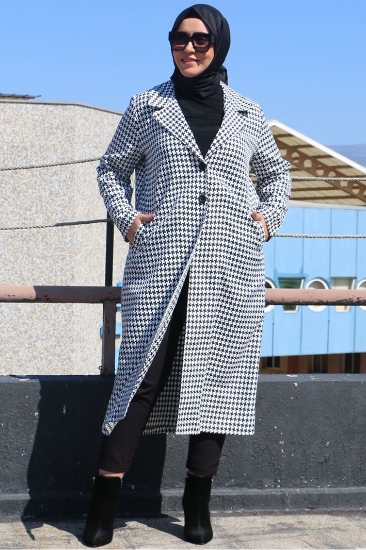 33053-E Büyük Beden Kaz Ayağı Tek Düğmeli Ceket-Büyük Kaz Ayağı Siyah 