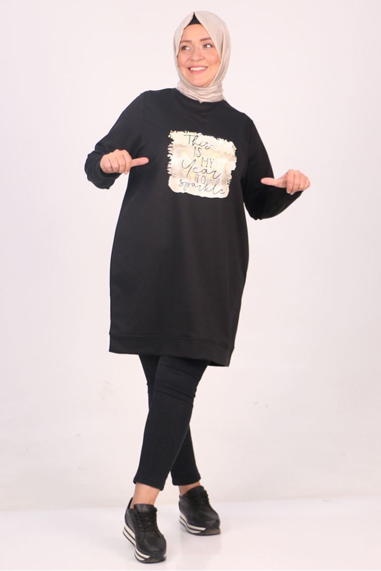 38127-E Büyük Beden Baskılı İki İplik Tunik-Siyah 