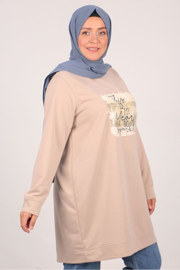 38127-E Büyük Beden Baskılı İki İplik Tunik-Bej 
