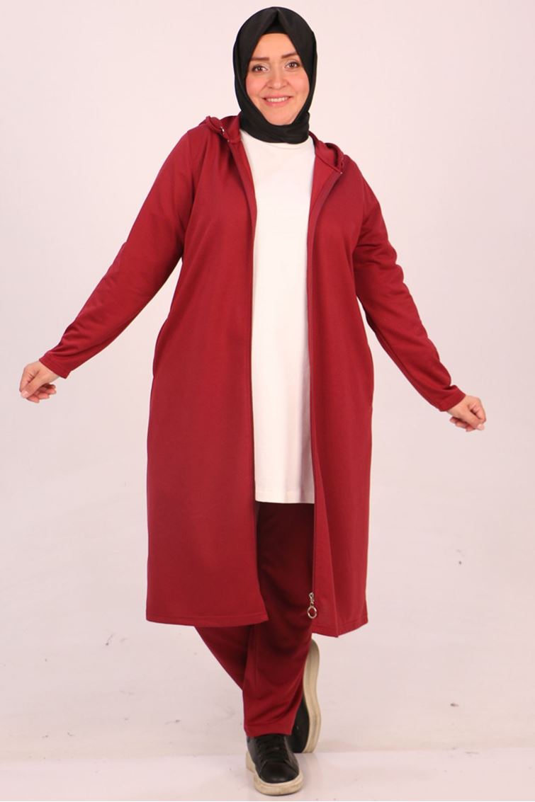 1986-E Büyük Beden İki İplik Kapüşonlu  Eşofman Takımı-Bordo 