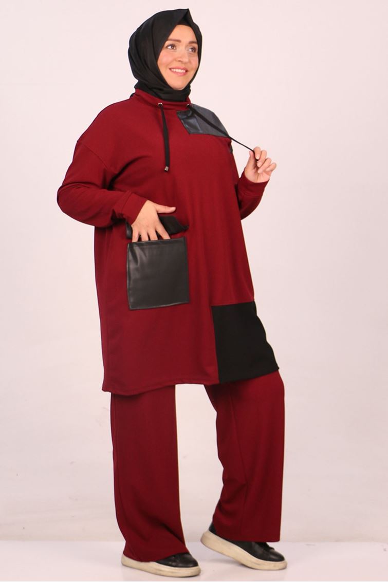 37040 Büyük Beden Scuba Renk Kombinli Pantolonlu Takım-Bordo - kopya