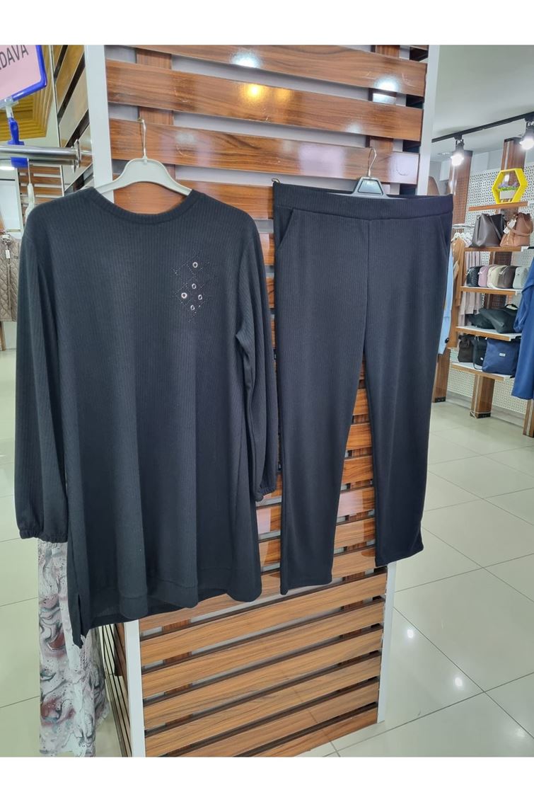 5403 Büyük Beden Fitilli Kumaş Pantolonlu Takım Siyah