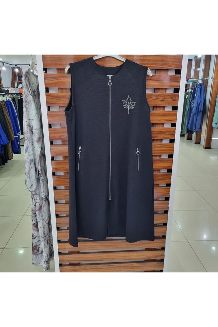 4036 Büyük Beden Ottoman Kumaş Fermuarlı Yelek Siyah