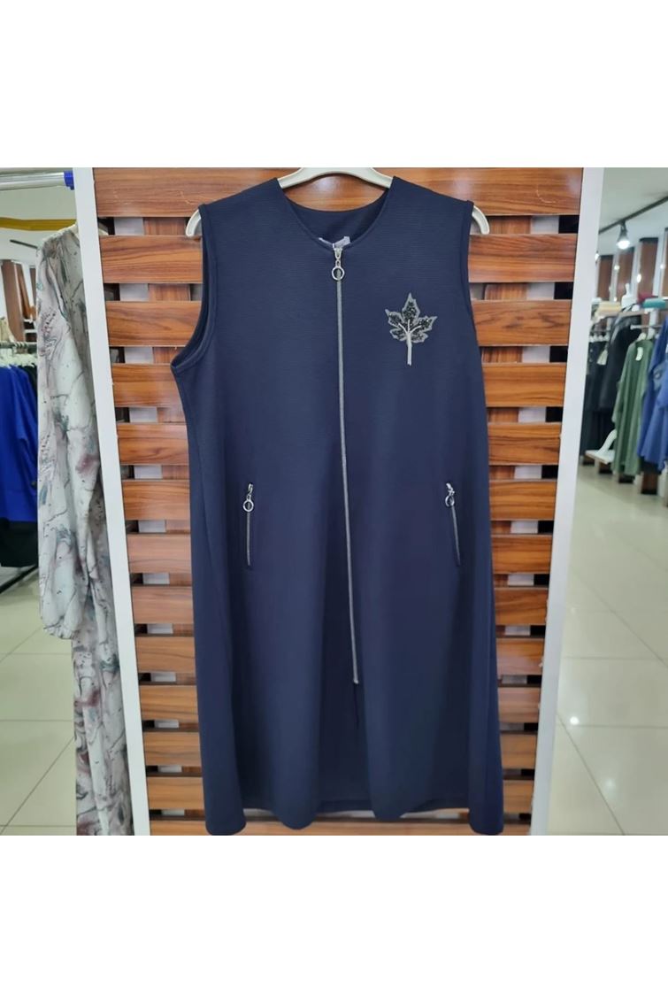 4036 Büyük Beden Ottoman Kumaş Fermuarlı Yelek Lacivert