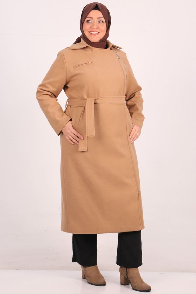 33112 Büyük Beden Yandan Femuarlı Kaşe Kaban-Vizon