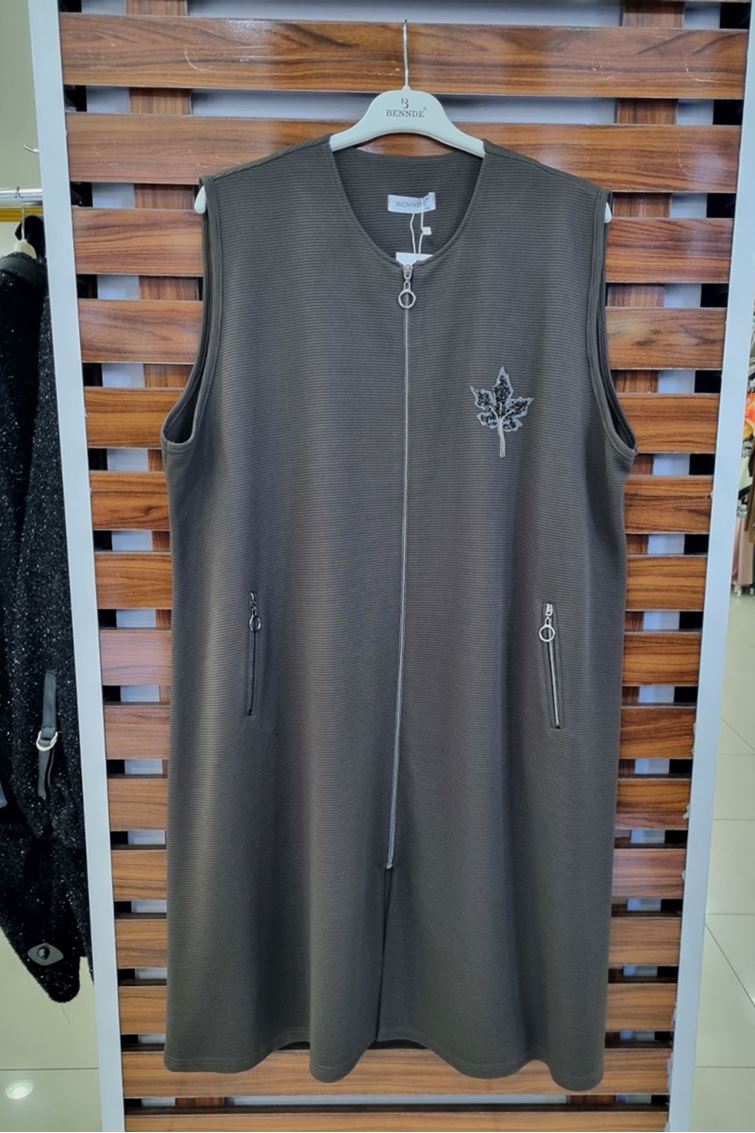 4036 Büyük Beden Ottoman Kumaş Fermuarlı Yelek Kahve