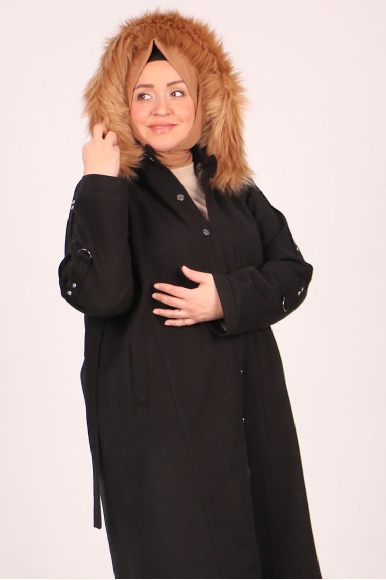 33089 Büyük Beden Çıtçıtlı Kaşe Kaban-Siyah