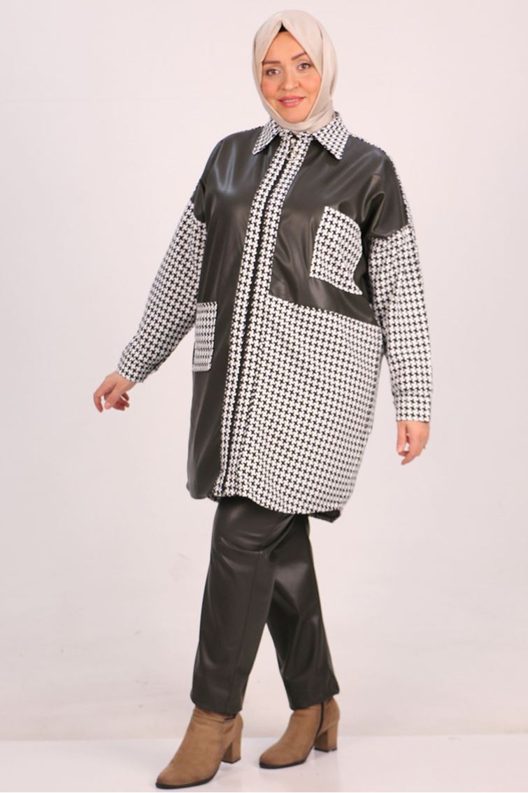 F-37045 Büyük Beden Kaz Ayağı Deri Kombinli Pantolonlu Takım-Haki