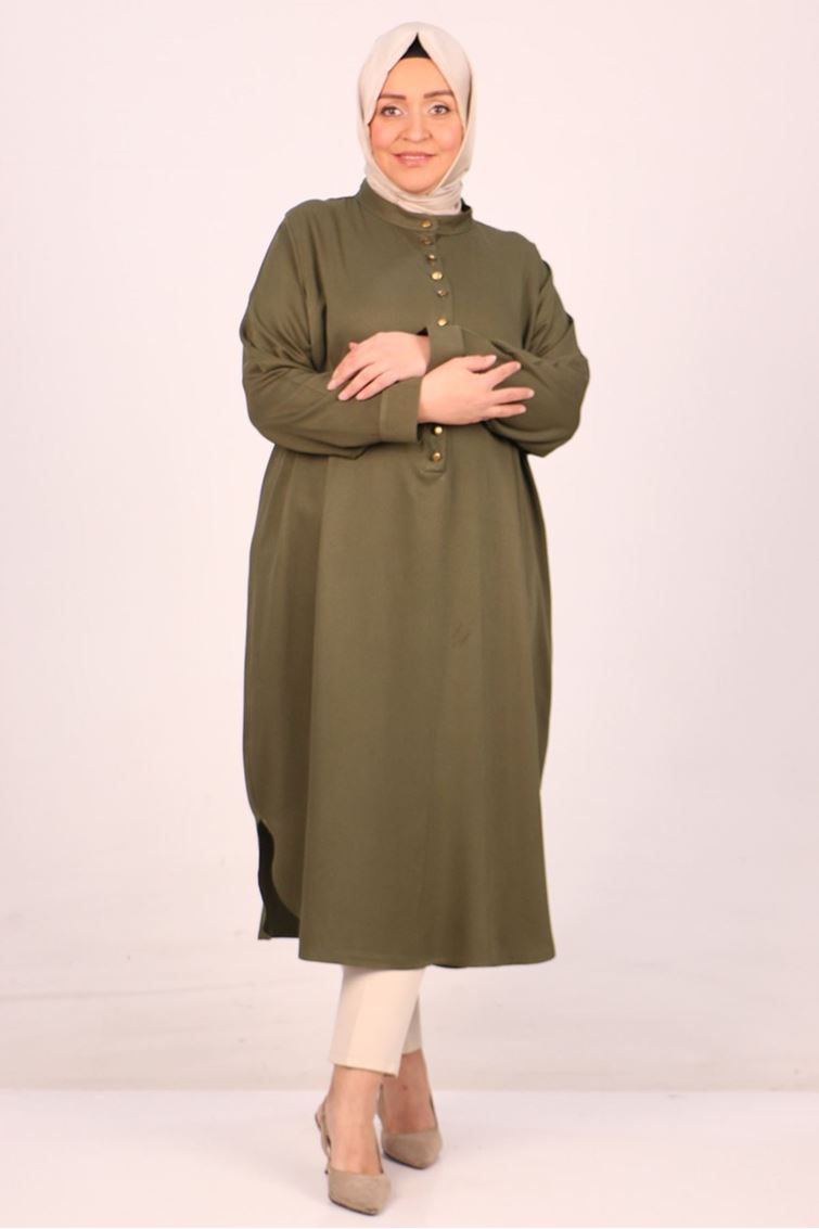 38005-E Büyük Beden Yarım Patlı Hakim Yaka Belmando Tunik-Haki 