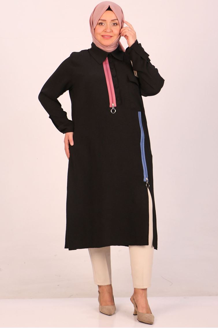 48001-E Büyük Beden Renkli Fermuar Detaylı Tunik - Siyah 
