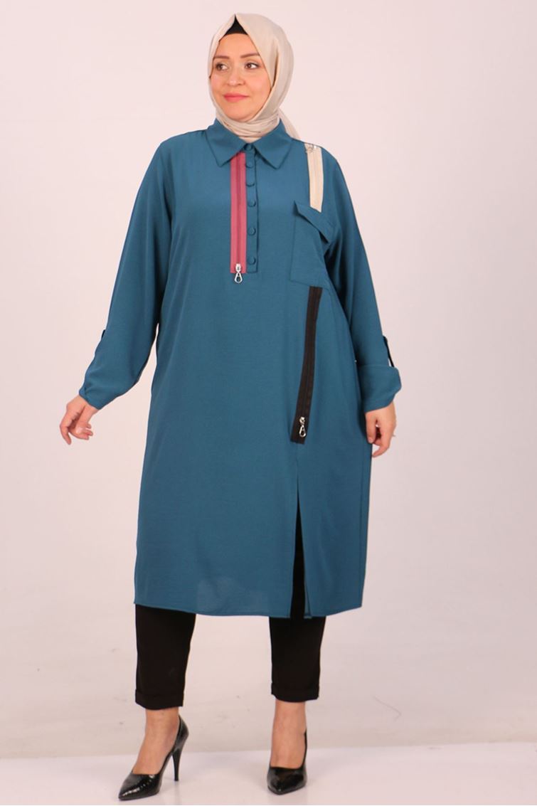 48001-E Büyük Beden Renkli Fermuar Detaylı Tunik - Petrol