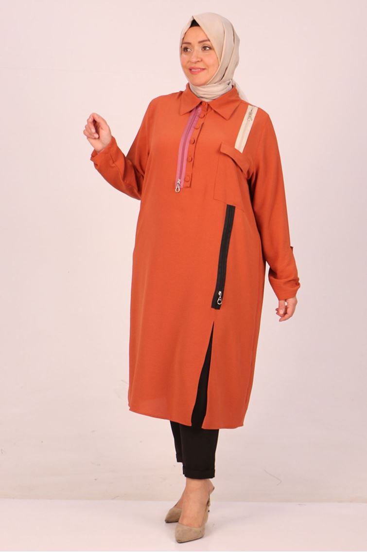 48001-E Büyük Beden Renkli Fermuar Detaylı Tunik -Kiremit 