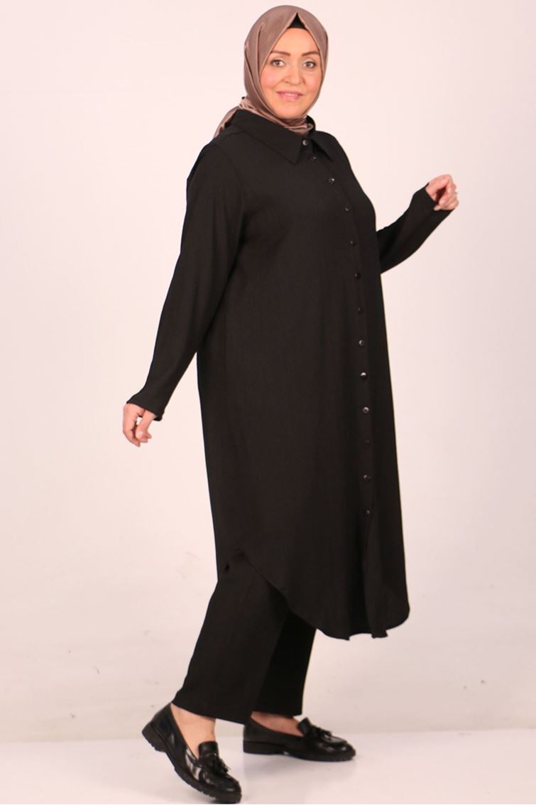 37013-E Büyük Beden Düğmeli Bürümcük Pantolonlu Takım-Siyah 