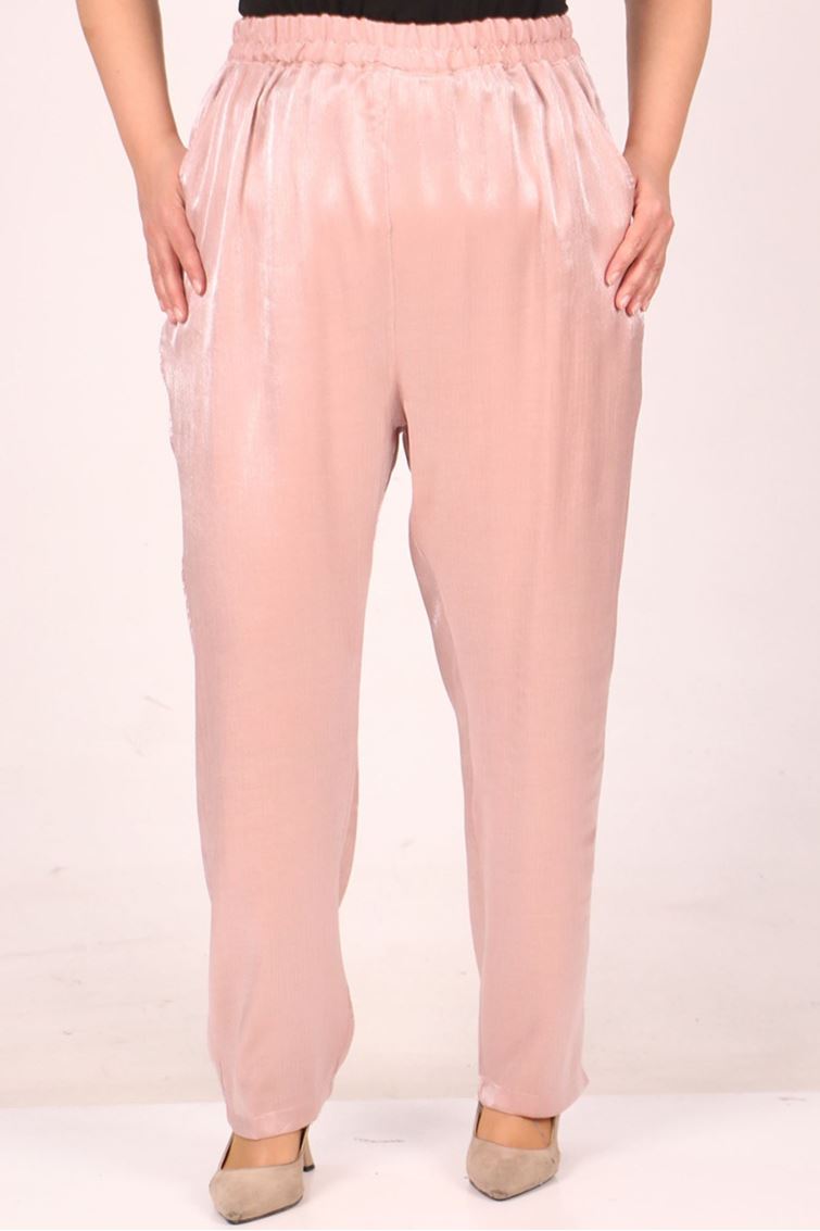 F-49002 Büyük Beden Beli Lastikli Dar Paça Star Pantolon-Bürümcük Pudra