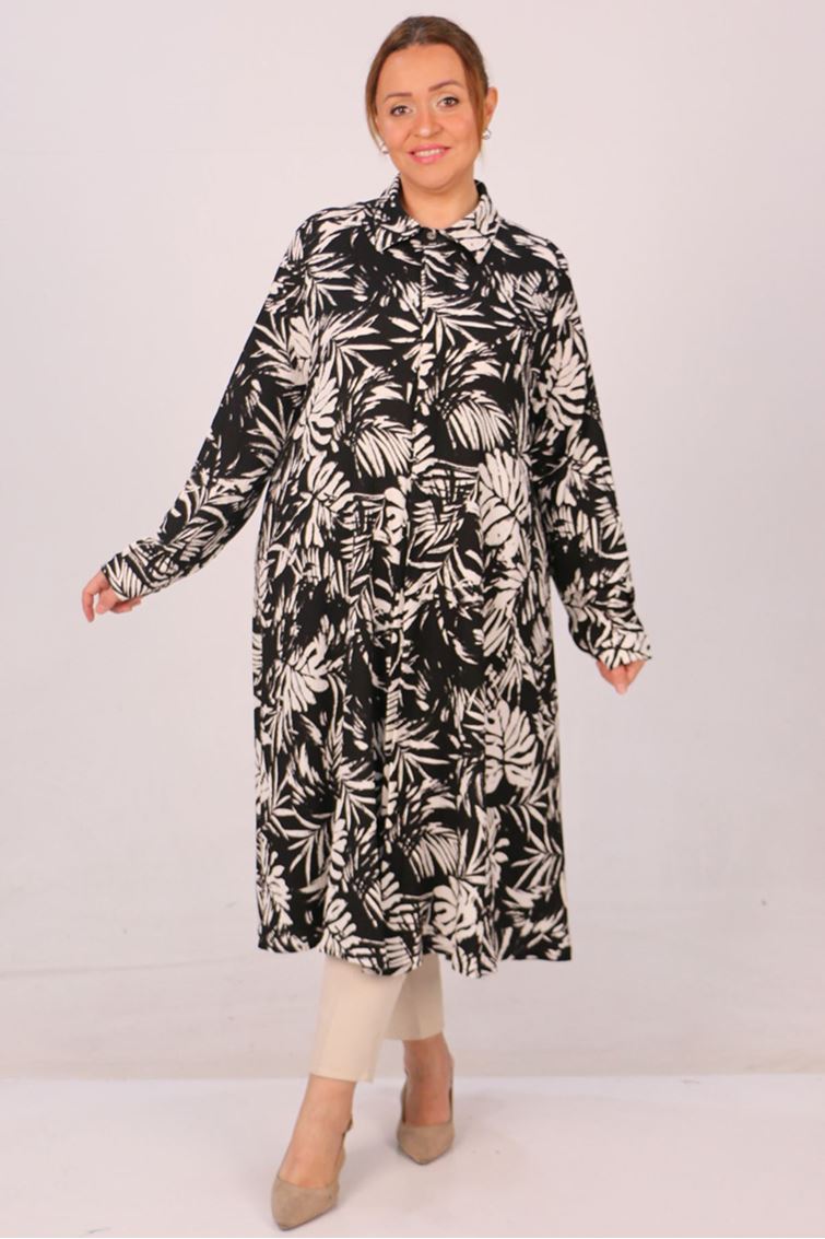 48021-E Büyük Beden Desenli Bürümcük Mevlana Gömlek-Siyah Yapraklı 