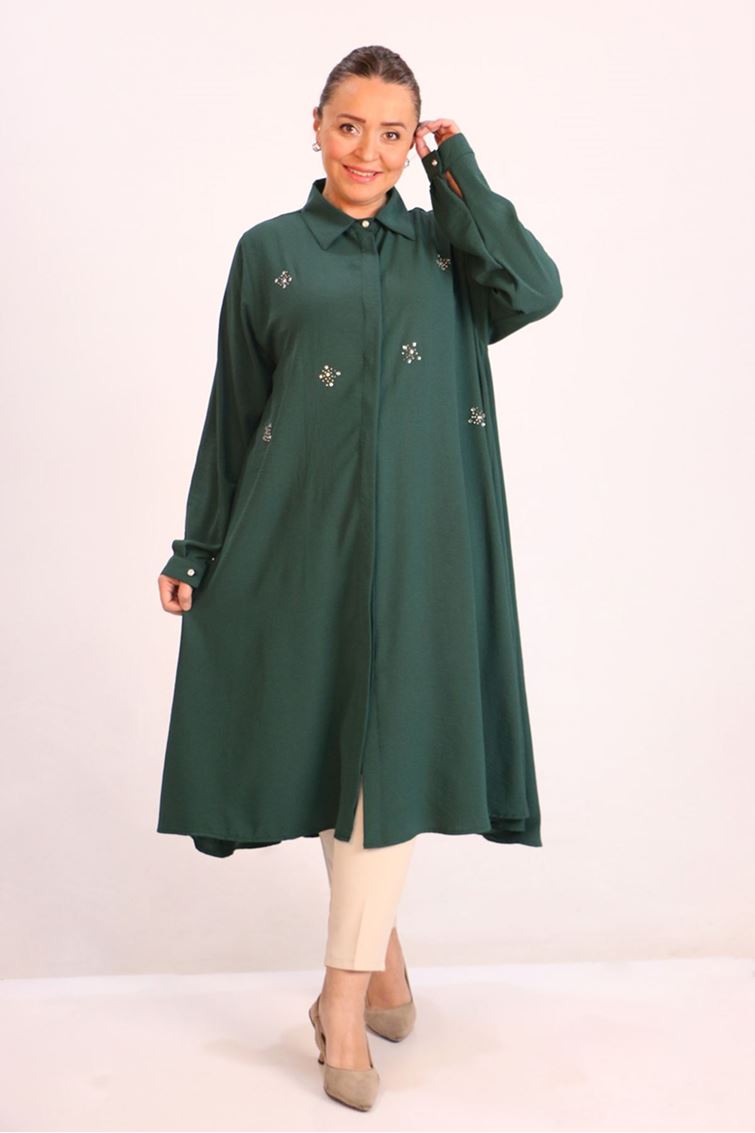 48042-E Büyük Beden Mevlana Airobin Taşlı Gömlek Tunik-Zümrüt 