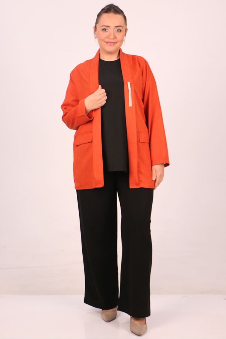 F-43021 Büyük Beden Çıkabilir Broş'lu Dokuma Kumaş Kısa Ceket-Kiremit