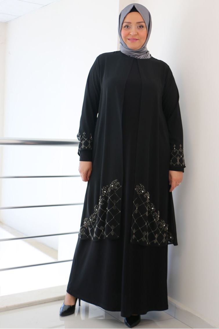 F-42002 Büyük Beden Eteği Taş Detaylı Sandy - Şifon Takım- Siyah