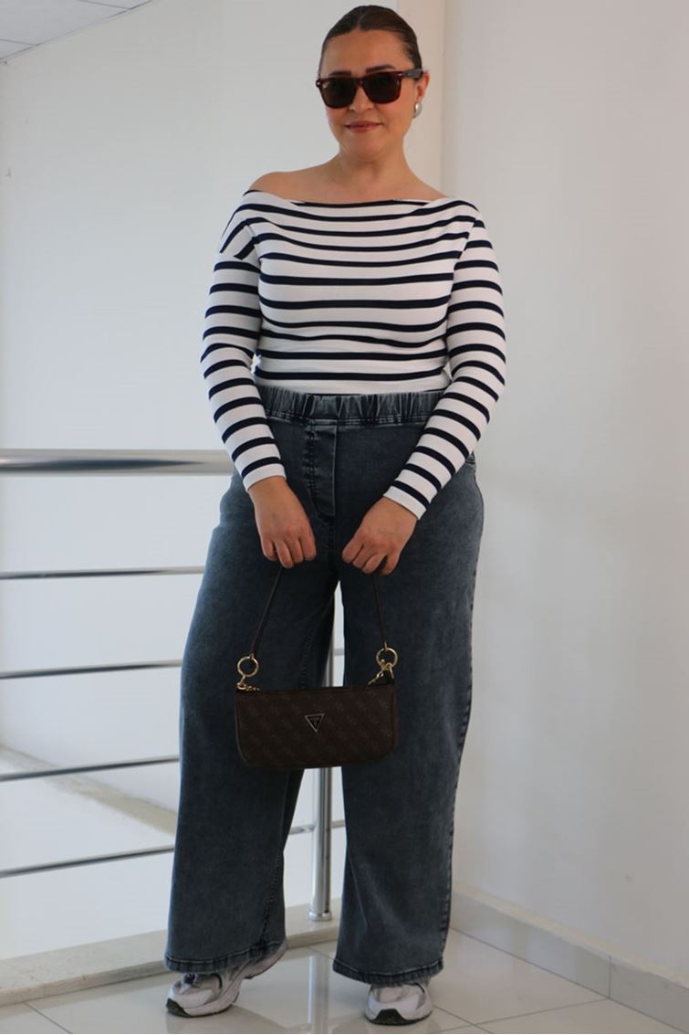 9182-4-E Büyük Beden Beli Lastikli Bol Paça Kot Pantolon - Kar Yıkama Siyah 