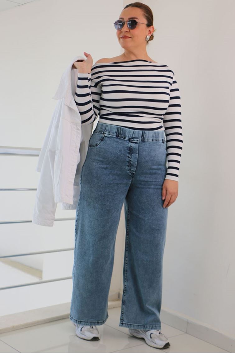 9182-4-E Büyük Beden Beli Lastikli Bol Paça Kot Pantolon - Kar Yıkama Buz 