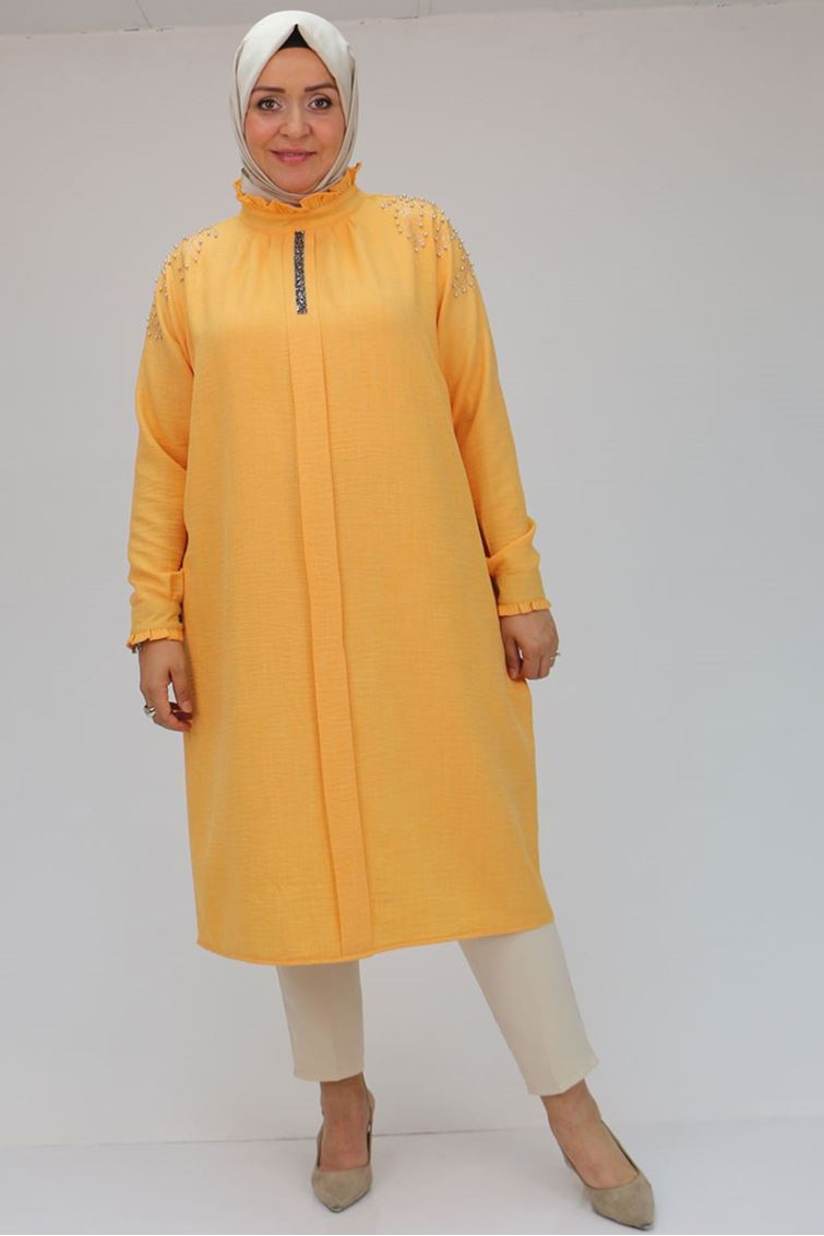 48003-E Büyük Beden Taş Baskılı Keten Airobin Tunik-Sarı 