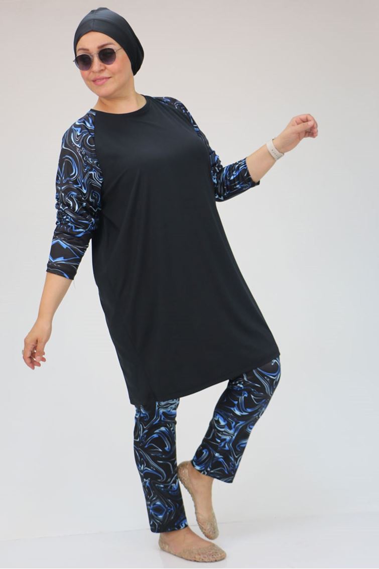 1729-E Büyük Beden Uzun Kol Taytlı Tesettür Mayo Takım - Aqua Mavi