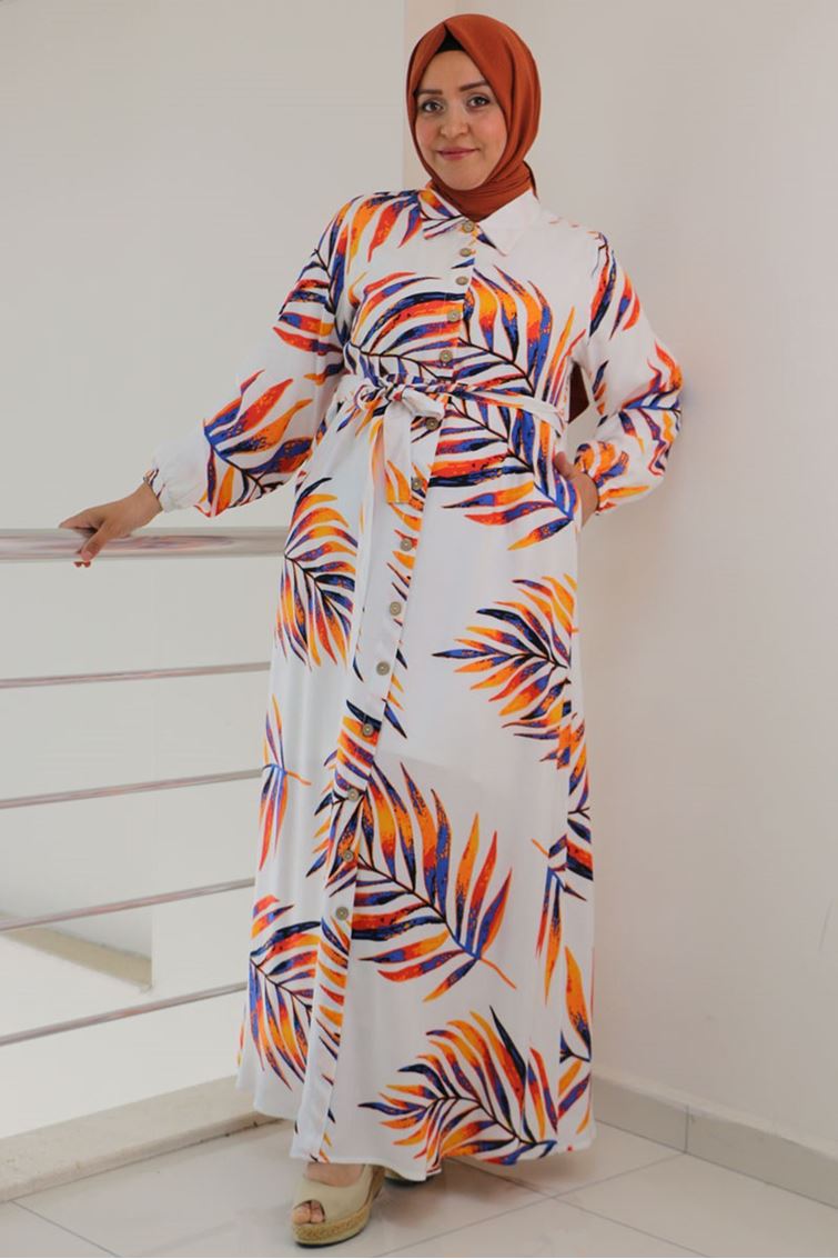 42014-E Büyük Beden  Desenli Viskon Erkek Yaka Kuşaklı Elbise -  Beyaz - Oranj Yapraklı