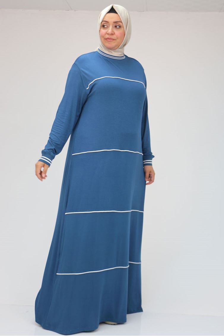 F-42022 Büyük Beden Ara Biyeli Penye Elbise - Petrol