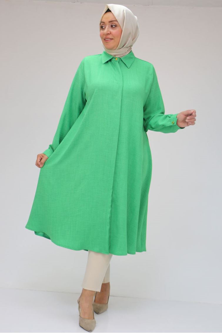 38038 Büyük Beden Keten Airobin Mevlana Gömlek Tunik- Yeşil