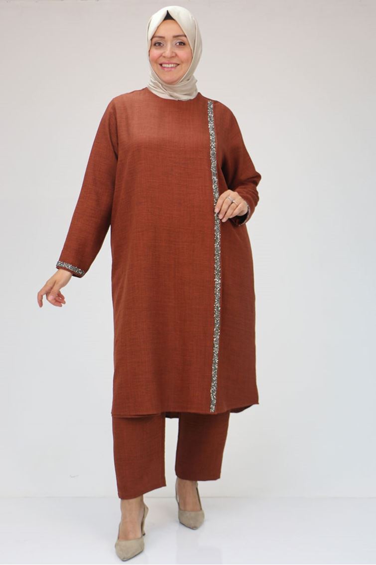 47043-E Büyük Beden Taş Baskı Detaylı Keten Airobin Pantalonlu Takım -  Kiremit