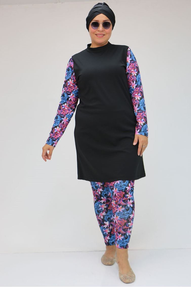 F-1729 Büyük Beden Uzunkol Tesettür Mayo Takım - Siyah - Fuşya