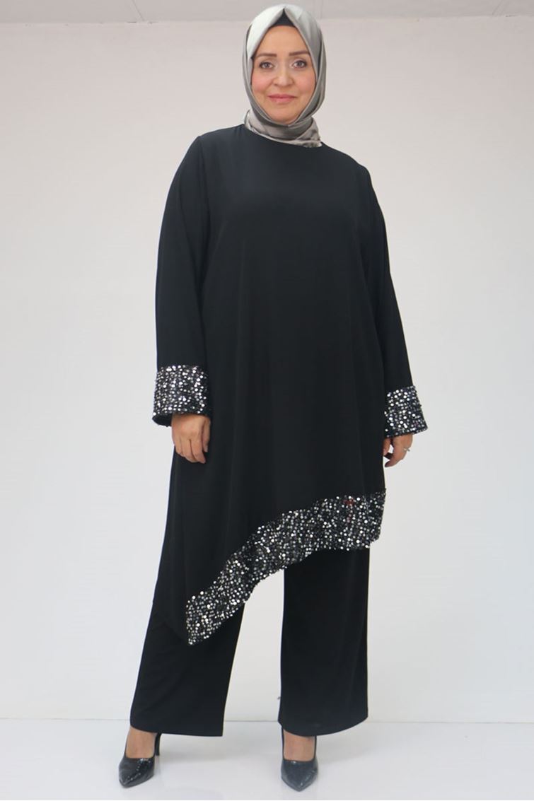 47047-e Büyük Beden Pul Payet  Şifonlu Pantolonlu Takım -Siyah 