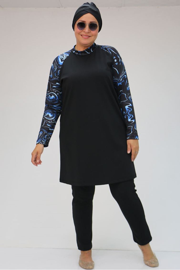 1734-e Büyük Beden  Reglan Kol Tesettür Mayo - Aqua Mavi 