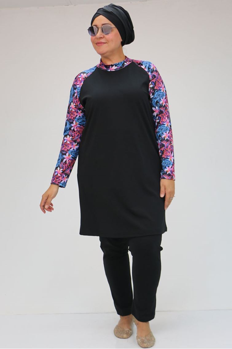 1734-e Büyük Beden  Reglan Kol Tesettür Mayo - Siyah - Fuşya