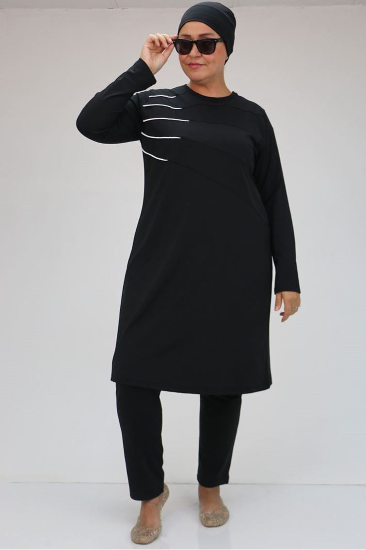 1731-E Büyük Beden  Kıstırma Biyeli Tesettür Mayo - Siyah