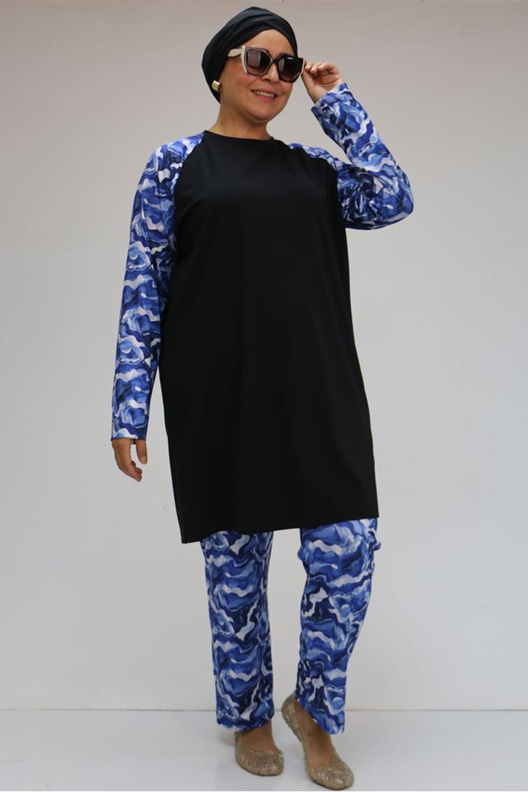 F-1729 Büyük Beden  Uzunkol Tesettür Mayo Takım - Mavi Dalgalı