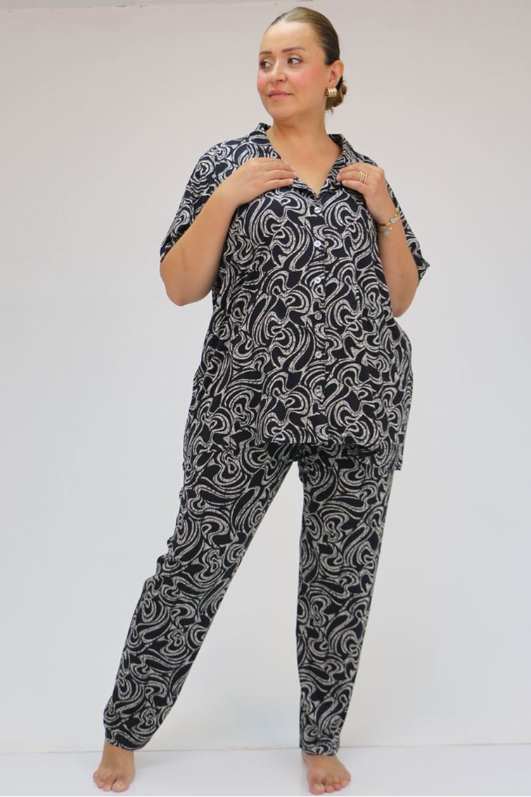 37801 Büyük Beden  Düğmeli Türlü Viskon Pijama Takımı - Siyah-Gri Dalgalı