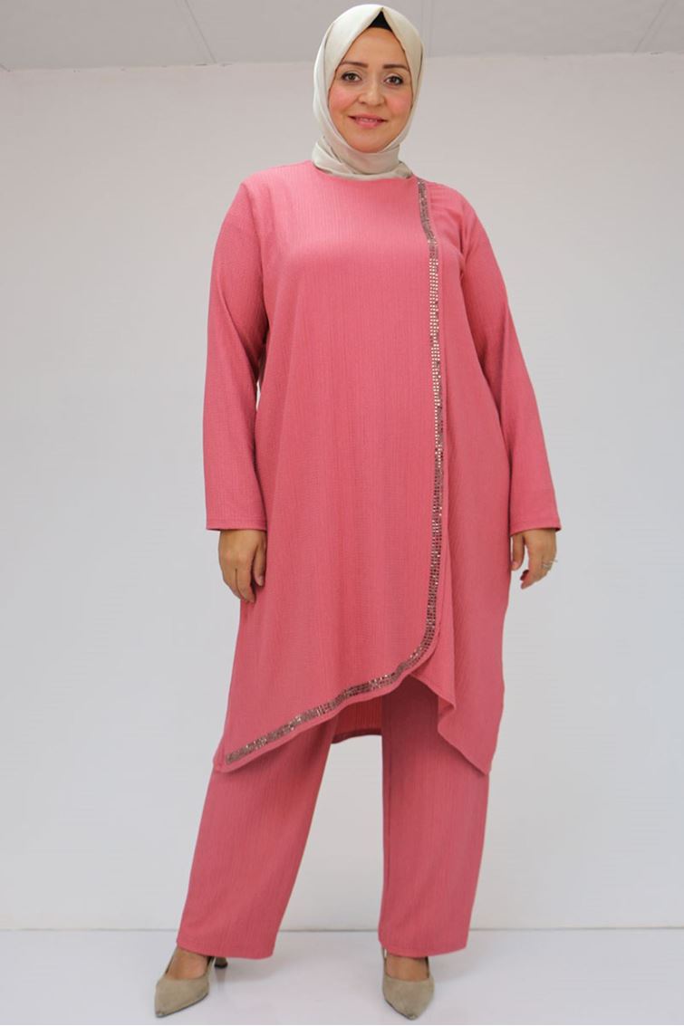 F-47062 Büyük Beden Taş Baskı Detaylı Pantolonlu Bürümcük Takım - Gül Kurusu