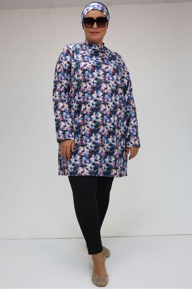 1727 Büyük Beden  Uzunkol Tesettür Mayo Takım - Gül Çiçekli
