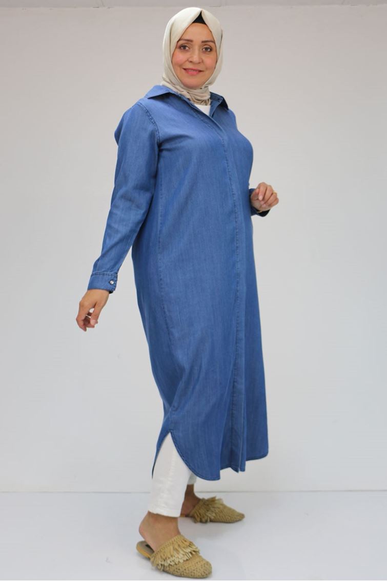 48053-E Büyük Beden Liyosel Kot Tunik - Mavi 