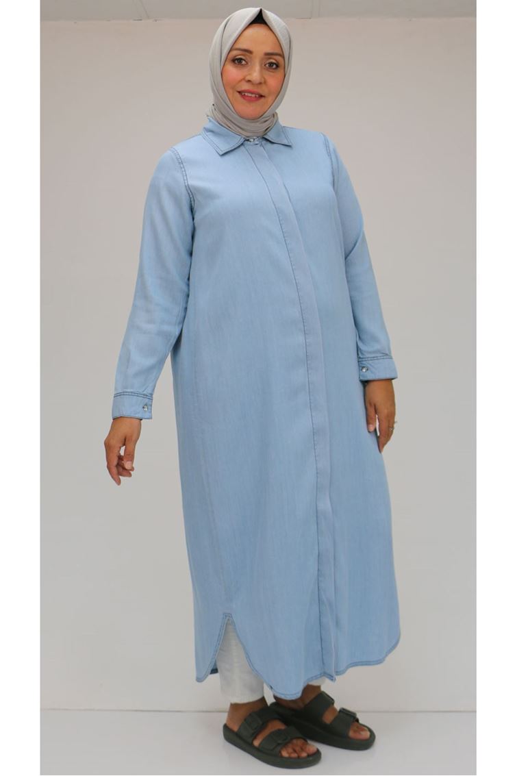 48053-EBüyük Beden Liyosel Kot Tunik - Buz Mavi