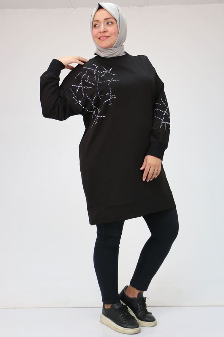 48081-E Büyük Beden Taş Baskı Detaylı İki İplik Tunik - Siyah