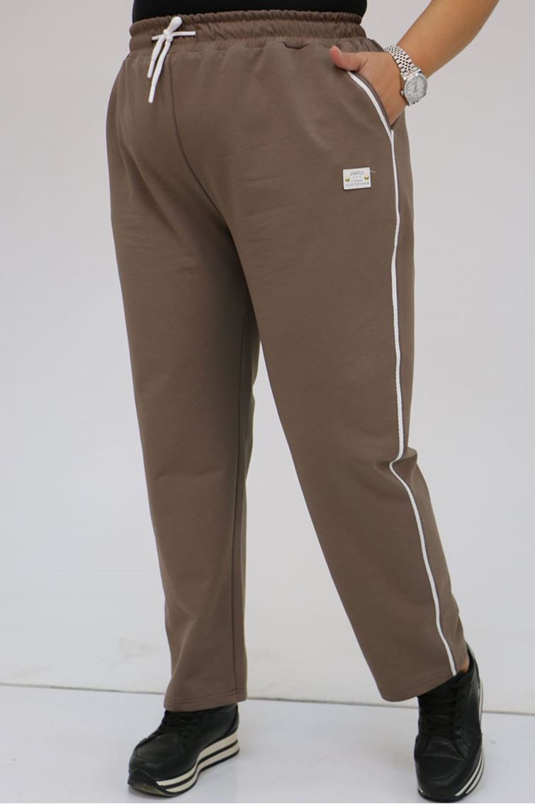 F-49512 Büyük Beden Kıstırma Biyeli İki İplik Eşofman Altı - Vizon