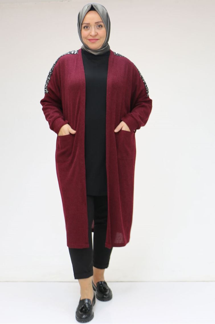 43083-E Büyük Beden Düşük Kol Mir Pul Payetli Ceket - Mürdüm