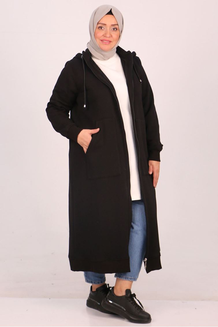 33103-E Büyük Beden Fermuarlı Üç İplik Kap - Siyah