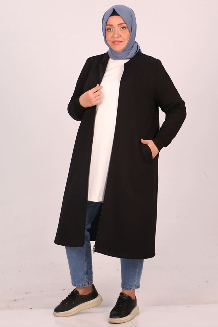 33096-E  Büyük Beden Fermuarlı Üç İplik  Kap - Siyah