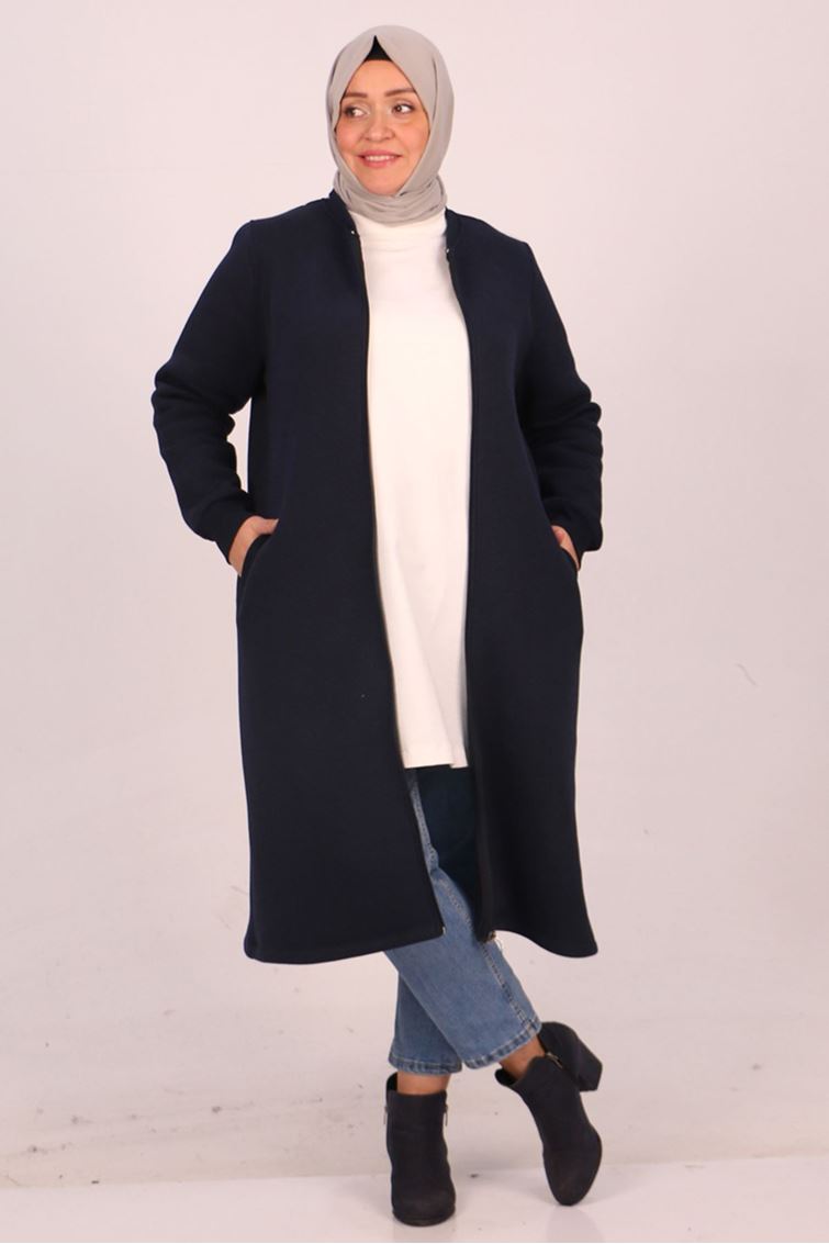 33096-E  Büyük Beden Fermuarlı Üç İplik  Kap - Lacivert