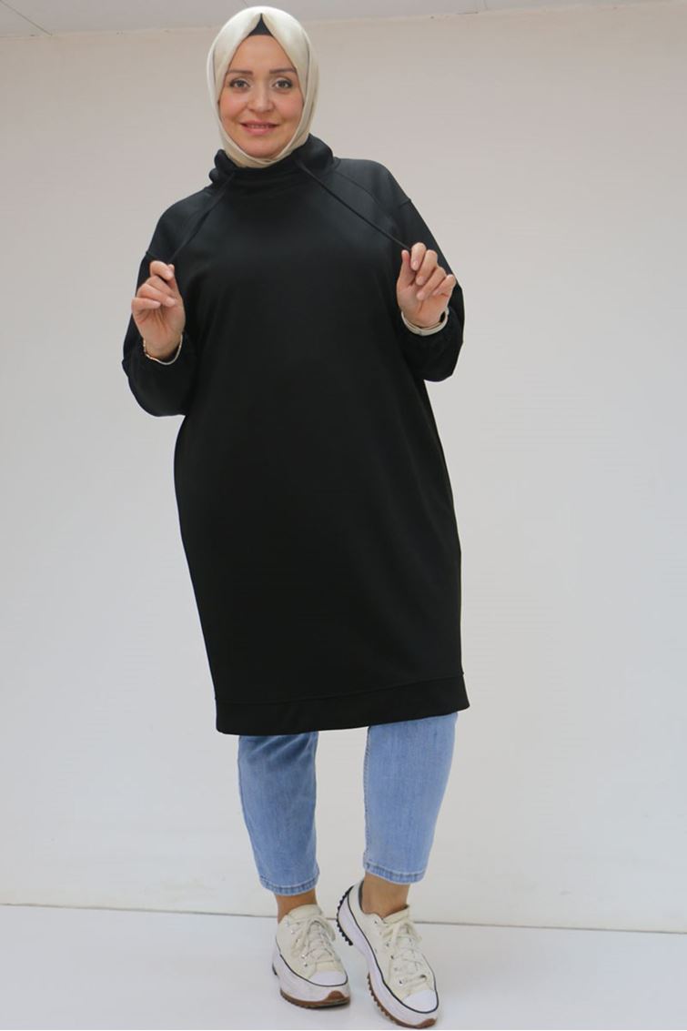 48105 Büyük Beden Boğazlı Yaka Kolu Lastikli Tunik - Siyah